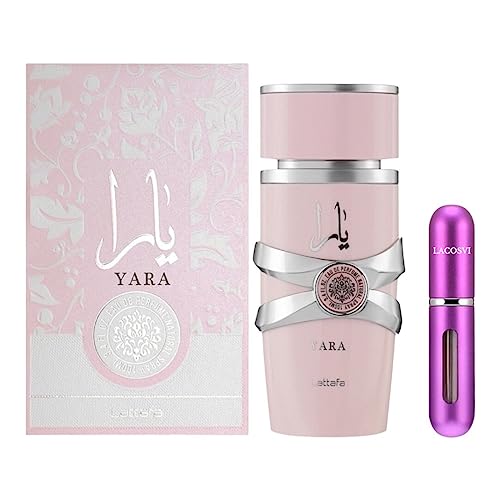 Yara Rosa Perfume Árabe, Lattafa Original 100ML - Incluye Atomizador 5ml - Lacosvi Recargable De Perfume Dulce de Frutas Tropicales, Vainilla y Sándalo - Regalo para Mujer